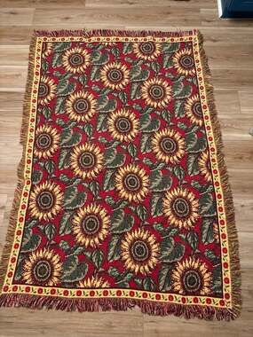 Vintage Sunflower Woven Tapestry Throw Blanket Red Yellow Green Fringe